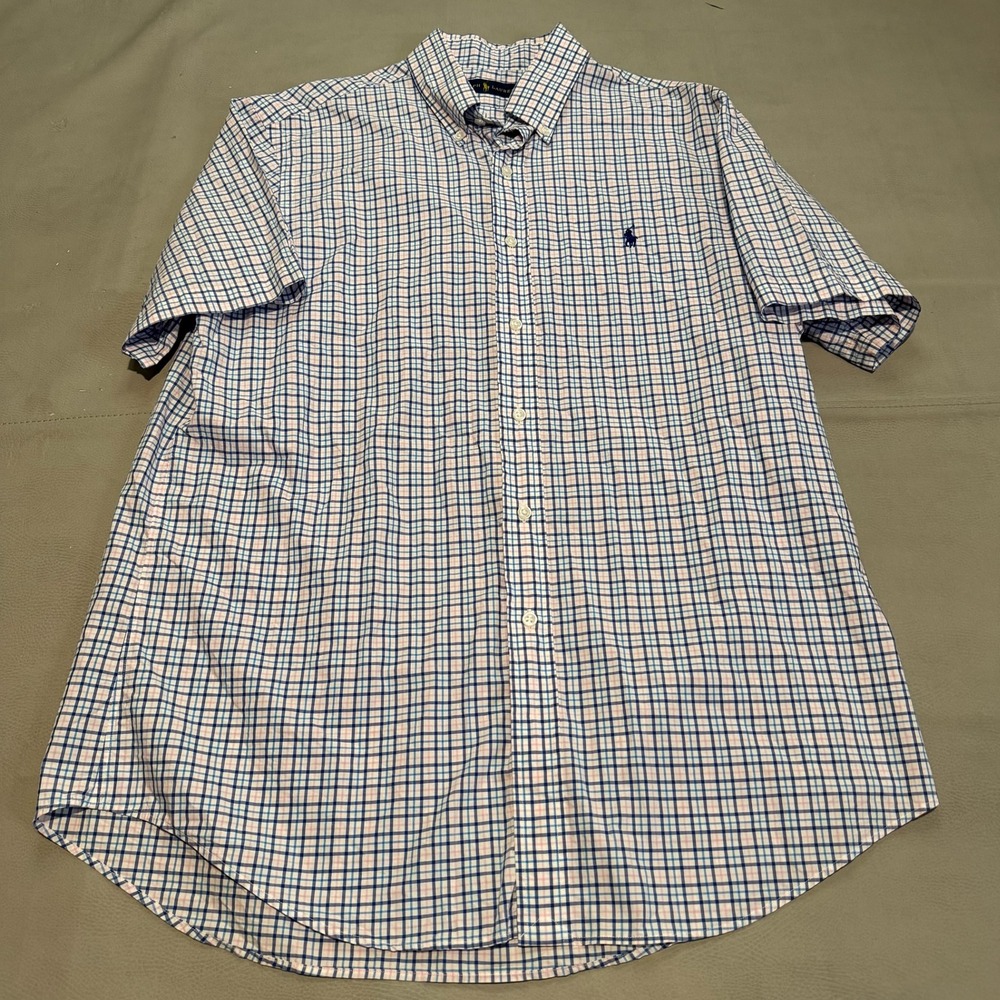 Ralph Lauren Men Short Sleeve Button Down Shirt Blue Pink Plaid Gingnam-L-6313